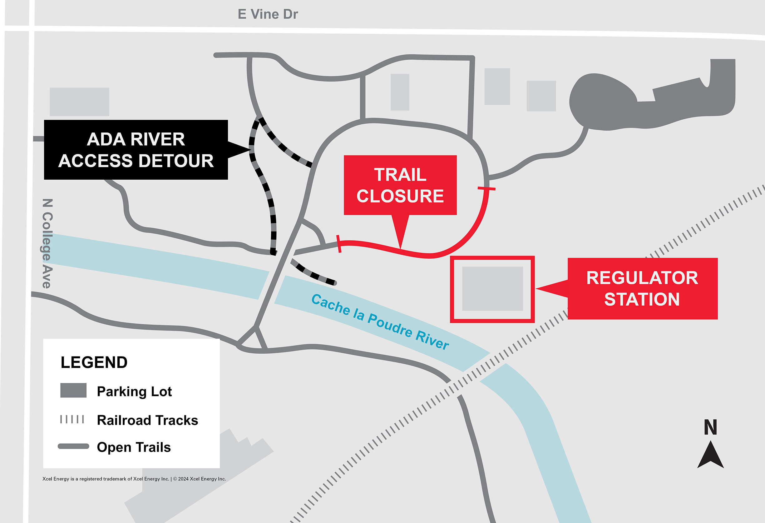Map showing the detour to the west of the closed trail near the regulator station.